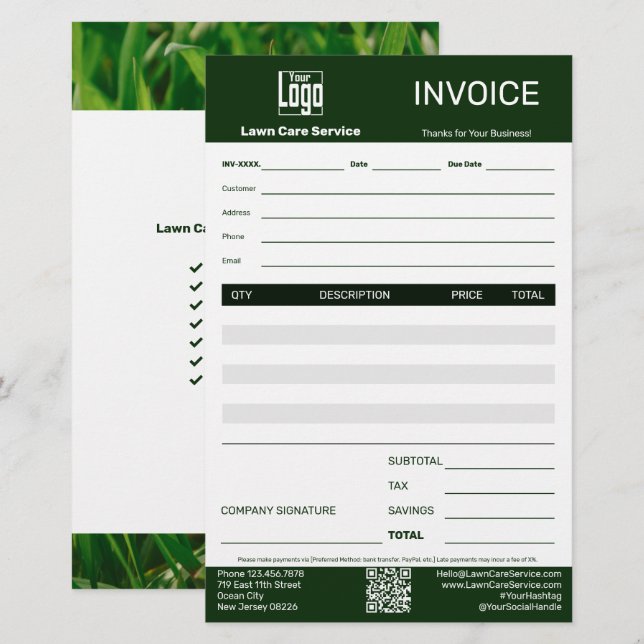 Lawn Care Service Business Invoice Stationery (Front/Back)