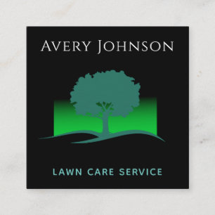 Lawn Care Service Green Neon Tree & Grass Modern Square Business Card