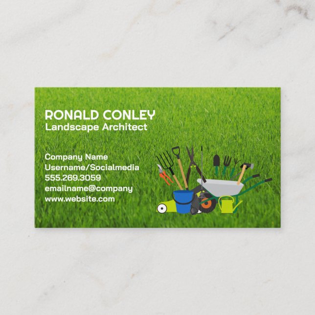 Lawn Care Service Logo | Landscaping Tools Business Card (Front)