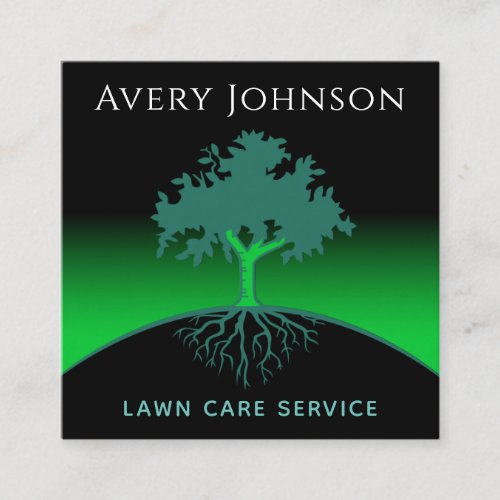 Lawn Care Service Wise Tree  Roots Green Neon Square Business Card