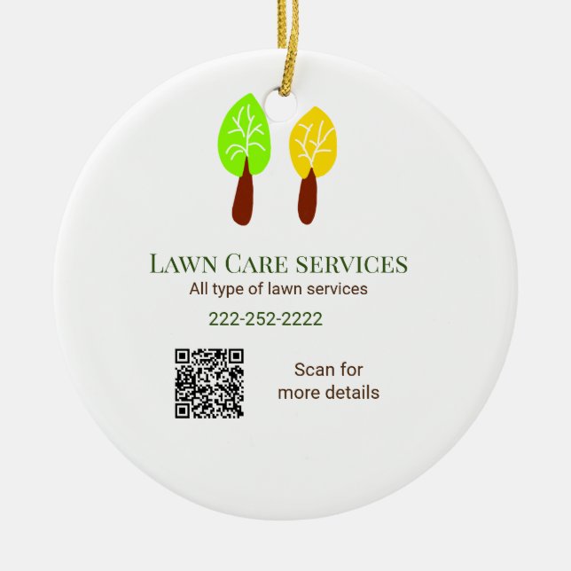 Lawn care services add name q r code website email ceramic ornament (Front)