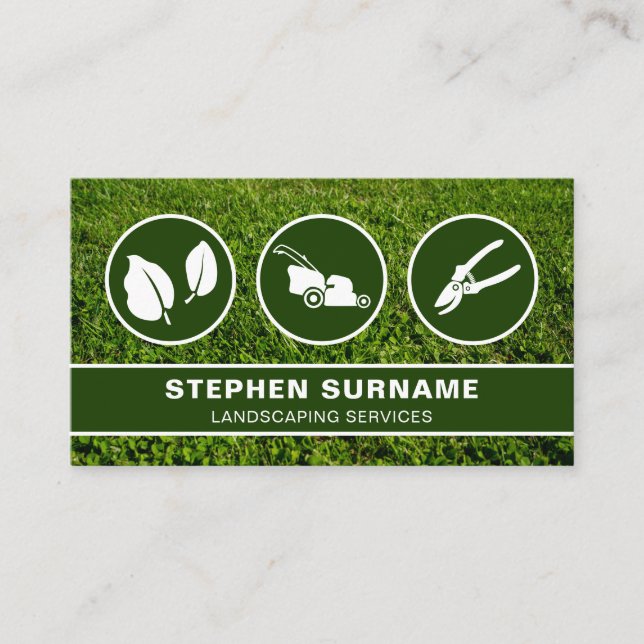 Lawn Care Silhouette Icons Green Landscaper Business Card (Front)