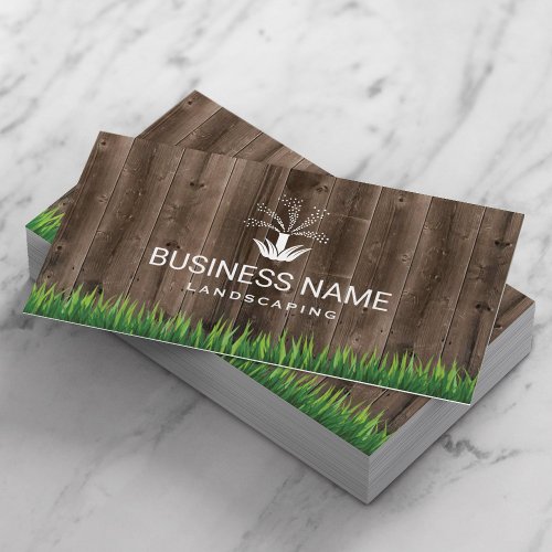 Lawn Care Sprinkler Logo Barn Wood Landscaping Business Card