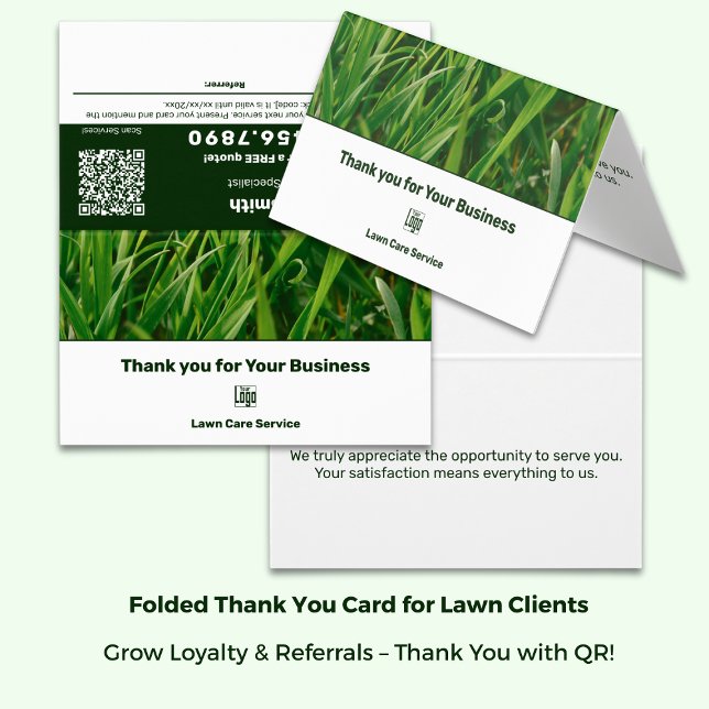 Lawn Care Thank You Referral Card with Logo (Lawn Lawn Care Thank You Referral Card with Logo - Green White Branding - Folded Size: 3.5x2 Inch)