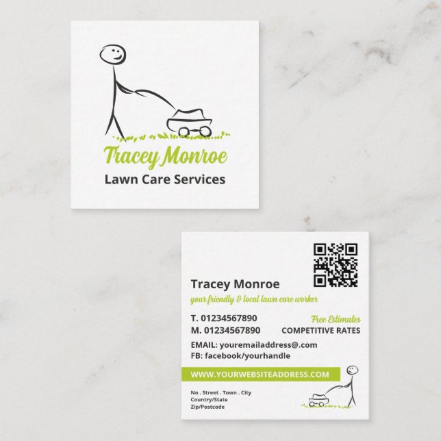 Lawn Care Worker, Lawn Care Services Square Business Card (Front/Back)