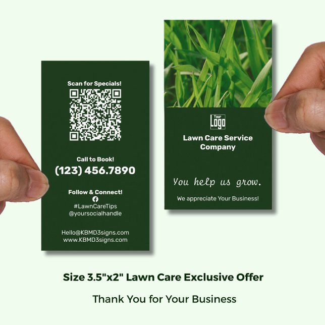 Lawn Care You Help Us Grow Appreciation Business Card (Lawn Care You Help Us Grow Appreciation Business Card with Logo; Size 3.5x2 Portrait Format)