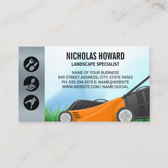 Lawn Mower Cutting Grass | Gardening Icons Business Card (Front)