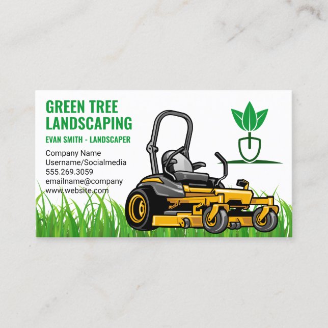 Lawn Mower Cutting Grass | Green Thumb Business Card (Front)