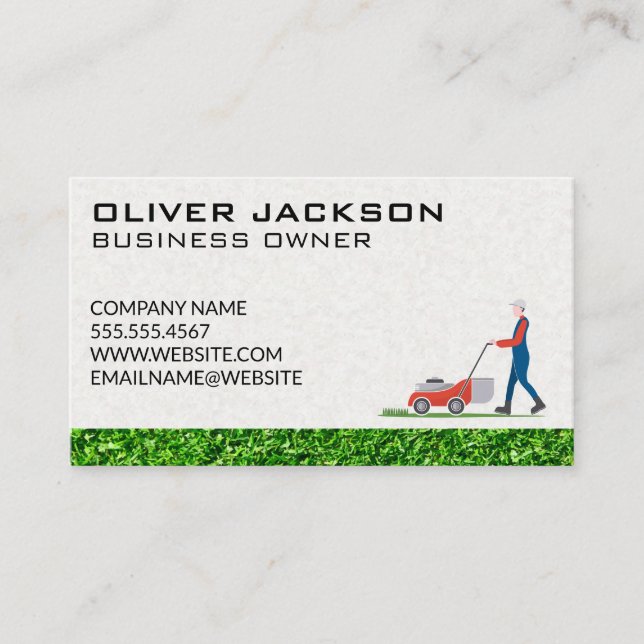 Lawn Mower Guy Cutting Grass | Gardener Business Card (Front)