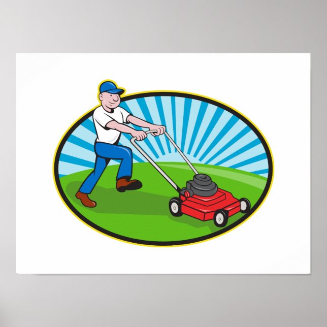 Lawn Mower Man Gardener Cartoon Poster (Front)