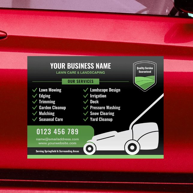 Lawn Mowing & Landscaping Business Marketing Car Magnet (Modern Landscaping Lawn Mowing Marketing Car Magnet black and green)