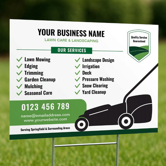 Lawn Mowing & Landscaping Business Marketing Sign (Modern white and green lawn mowing & landscaping business marketing yard sign)