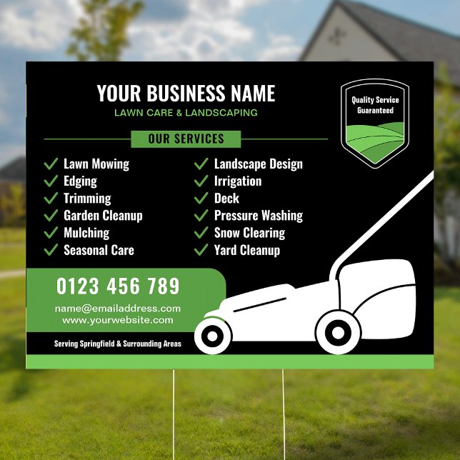 Lawn Mowing & Landscaping Business Marketing Sign (Modern black and green lawn mowing & landscaping business marketing yard sign)