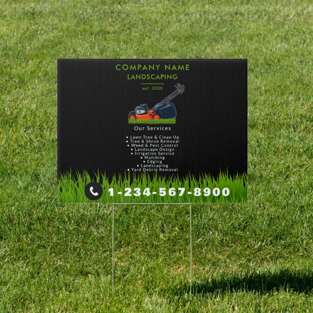 Lawn Mowing Landscaping Garden Lawn Care Black Sign (Insitu)