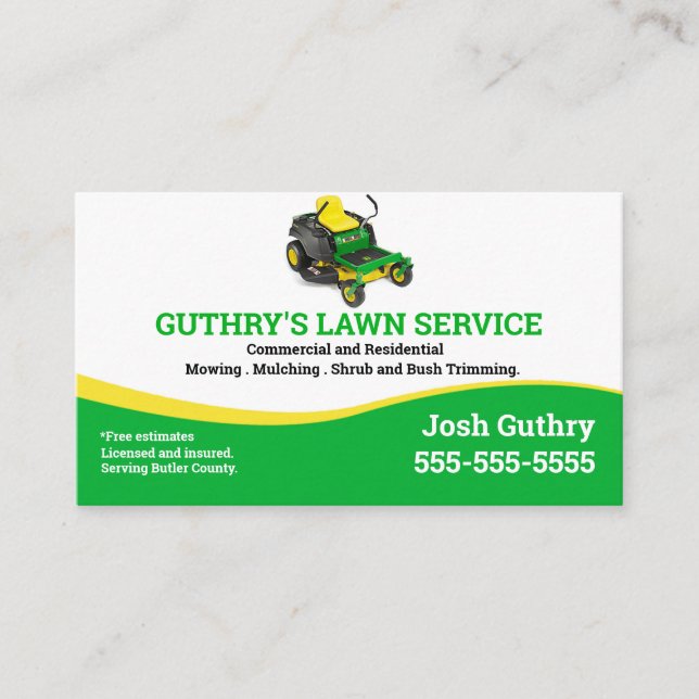 Lawn Service Business Card with zero turn mower (Front)