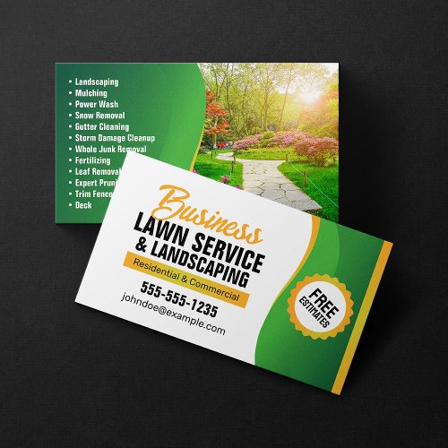 Lawncare  Landscaping Mowing Service Green Orange Business Card