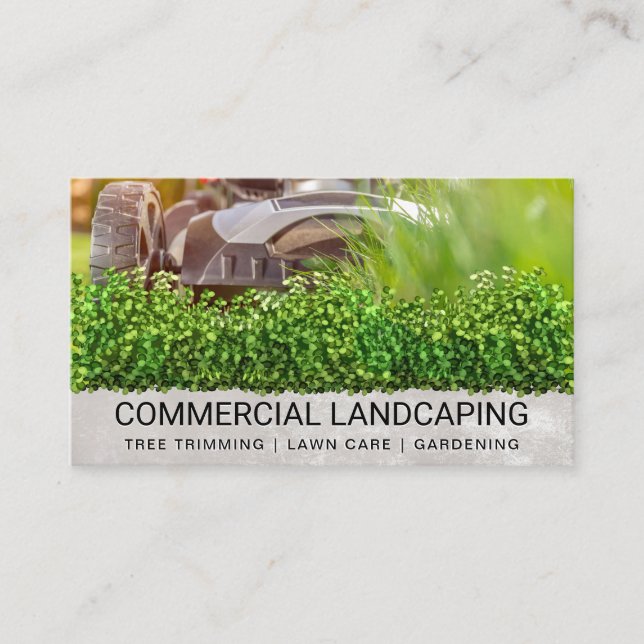 Lawnmower Cutting Grass | Landscape | Bushes Business Card (Front)