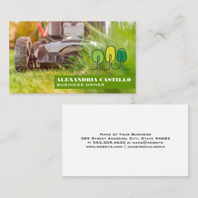 Lawnmower | Cutting Tall Grass | Trees Logo Business Card (Front/Back)