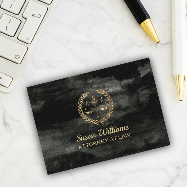 Lawyer attorney aquarel black and gold business card (Aquarel background, black business card, gold scales)