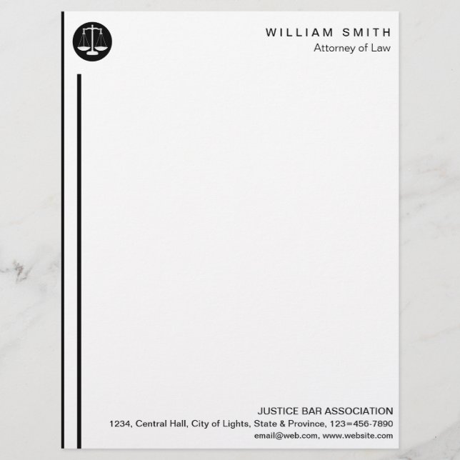 Lawyer Attorney At Law Black Scale Justice Simple Letterhead (Front)