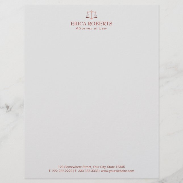Lawyer Attorney at Law Rose Gold Scale of Justice Letterhead (Front)