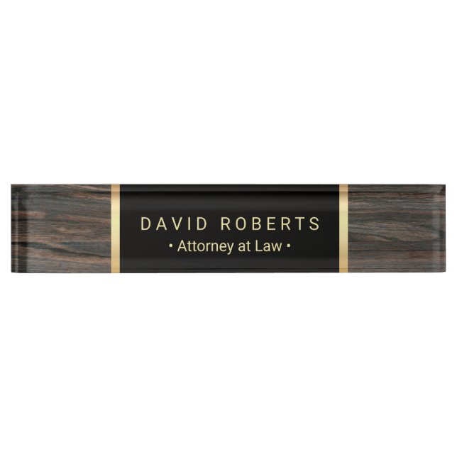 Lawyer Attorney Classic Black & Gold Wood Texture Desk Name Plate (Front)