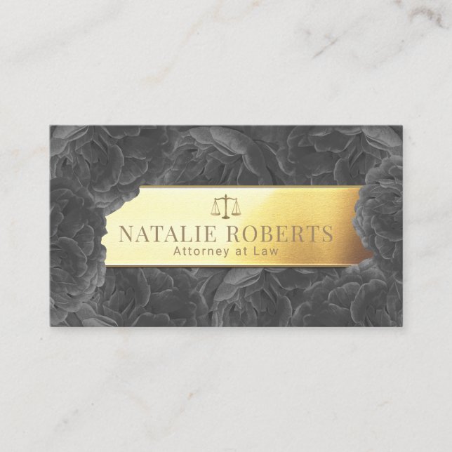 Lawyer Attorney Gold Label Elegant Gray Floral Business Card (Front)