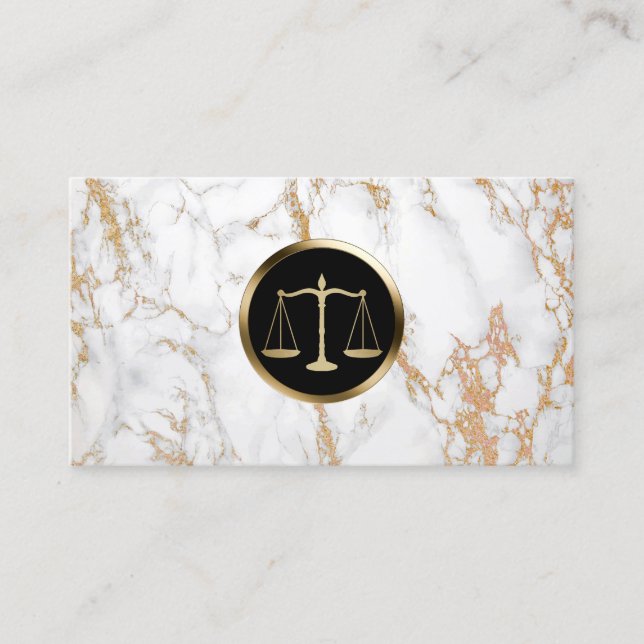 Lawyer Attorney Gold Scale Logo Trendy Marble Business Card (Front)