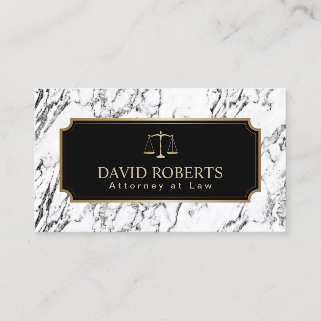 Lawyer Attorney Gold Scale Modern Marble Texture Business Card (Front)
