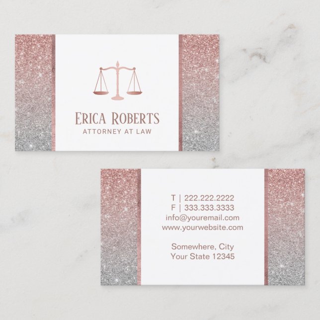 Lawyer Attorney Modern Rose Gold & Silver Glitter Business Card (Front/Back)