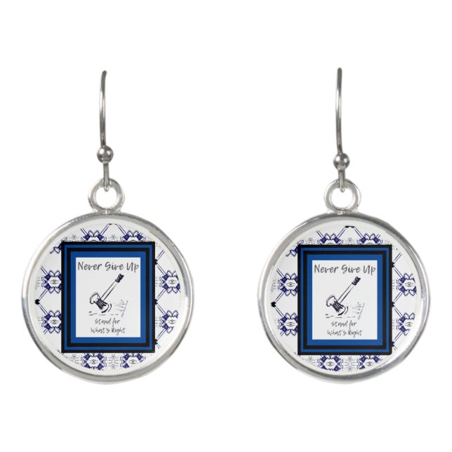 Lawyer Blue and White Gavel Never Give Up Earrings (Front)