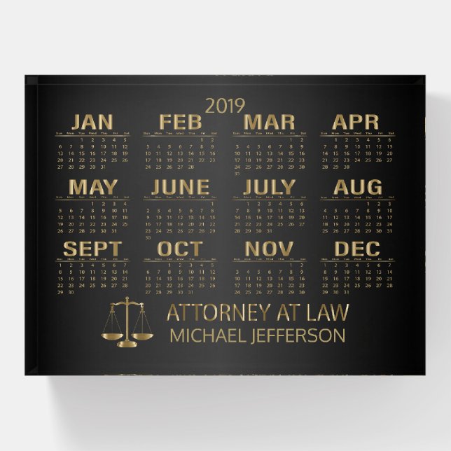 Lawyer Design - Black and Gold - 2019 Calendar Paperweight (Front)