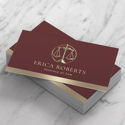 Customizable Lawyer Gold Justice Scale Attorney at Law Red Business Card