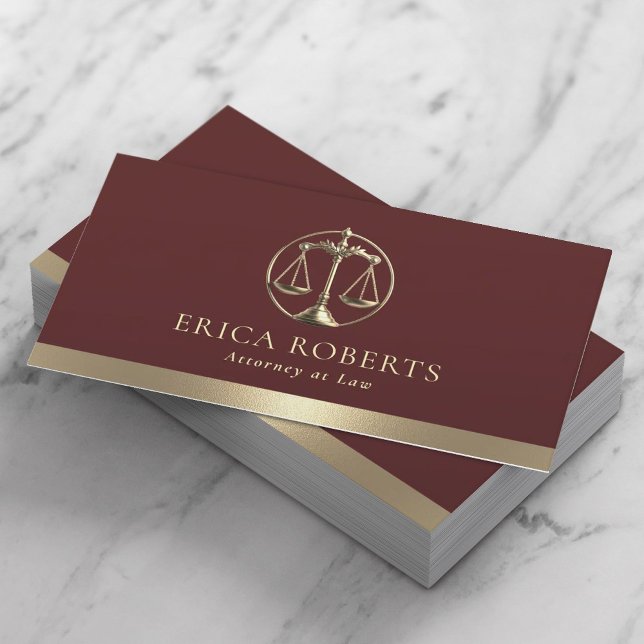 Lawyer Gold Justice Scale Attorney at Law Red Business Card (Creator Uploaded)