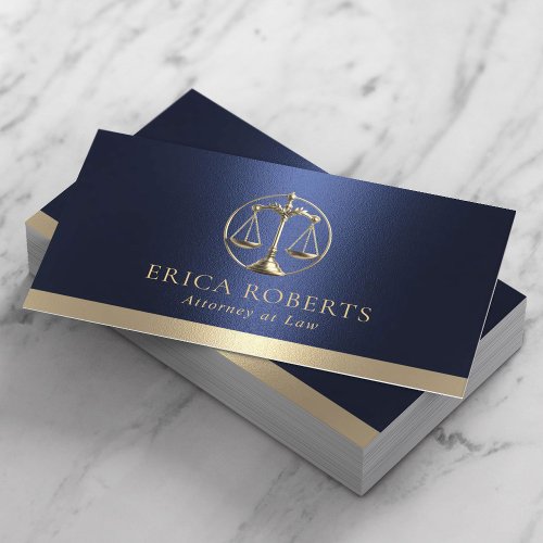 Lawyer Gold Justice Scale Logo Navy Blue Attorney Business Card
