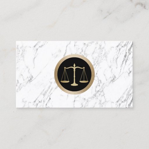 Customizable Lawyer Gold Scale of Justice Modern White Marble Business Card