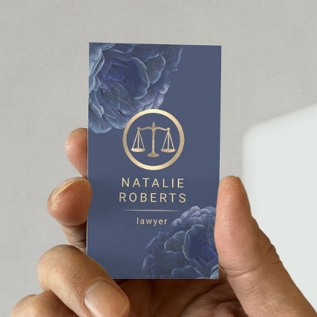 Lawyer Gold Scale Vintage Blue Floral Attorney Business Card