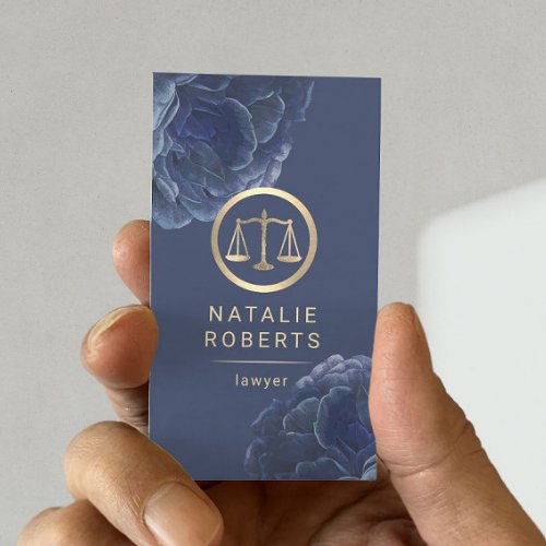 Lawyer Gold Scale Vintage Blue Floral Attorney Business Card