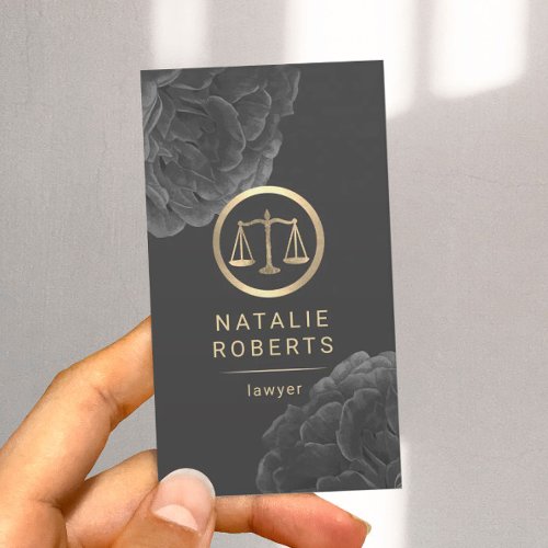 Lawyer Gold Scale Vintage Dark Floral Attorney Business Card