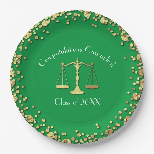 Lawyer Graduation Green SIlver Paper Plates (Front)