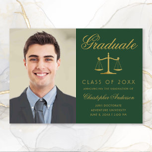 Lawyer Green Gold Script Photo Graduation Announcement