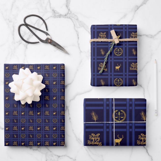Lawyer Happy Holidays - Xmas Scales of Justice Wrapping Paper Sheets (Front)