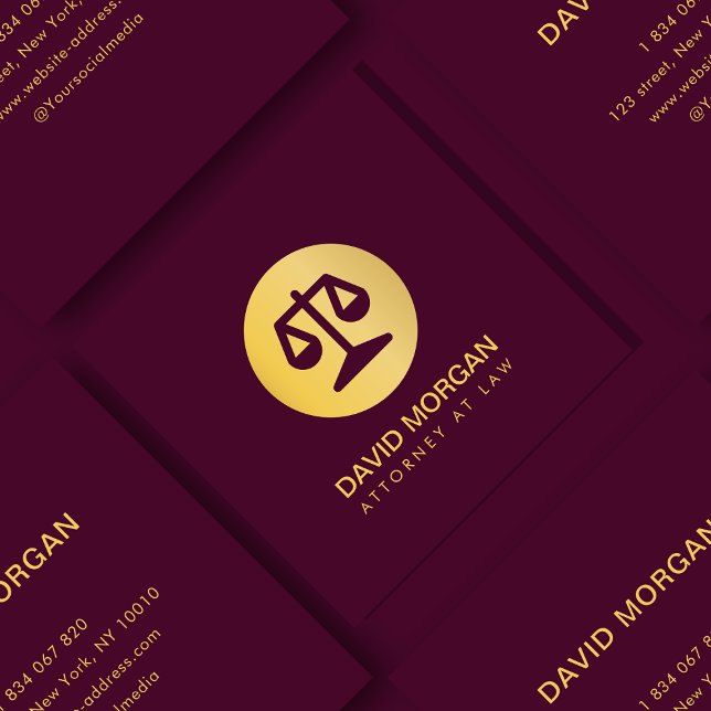  Lawyer Justice Logo Burgundy And Gold Square Business Card (Creator Uploaded)