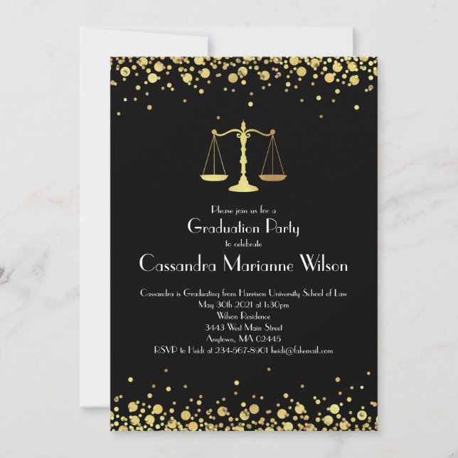 Lawyer Law School Graduation Party Black Gold Invitation (Front)