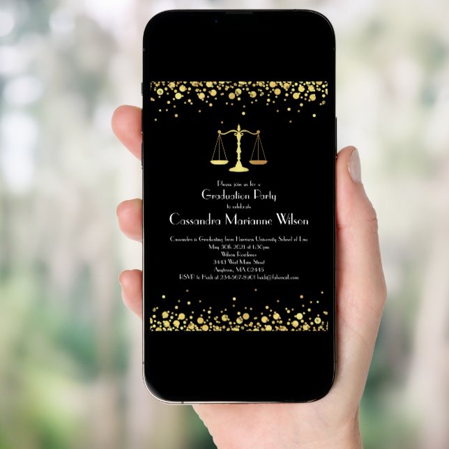 Lawyer Law School Graduation Party Black Gold Invitation (Front Digital)