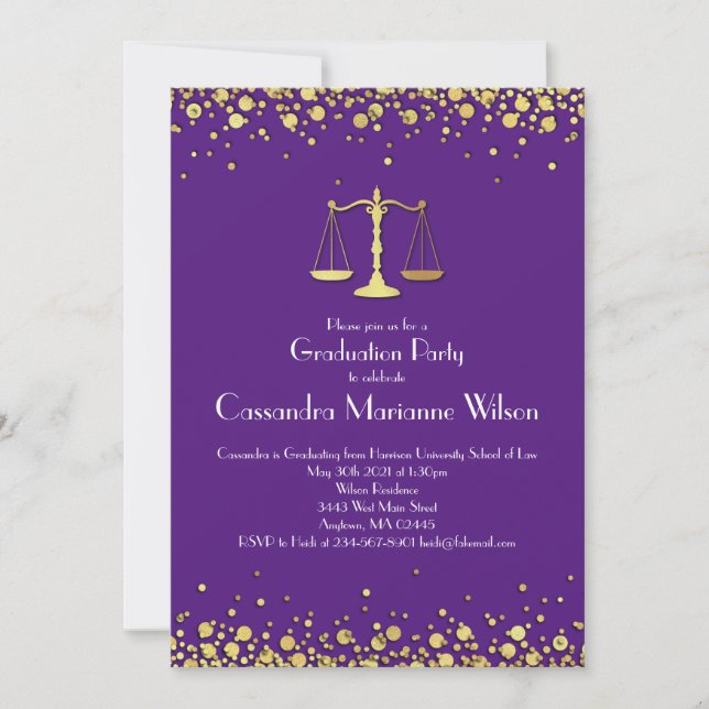 Lawyer Law School Graduation Party Gold Purple Invitation (Front)