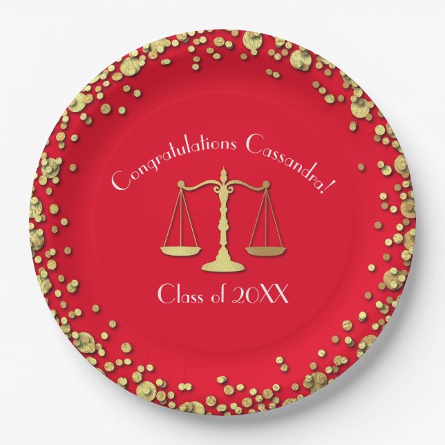 Lawyer Law School Graduation Party Gold Red Paper Plates (Front)