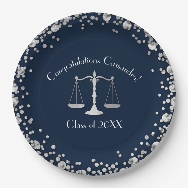 Lawyer Law School navy Silver Graduation Party Paper Plates (Front)