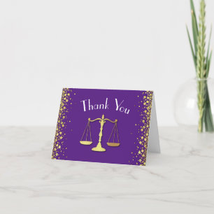 Lawyer Law School purple Gold Graduation Party Letterpress Thank You Card