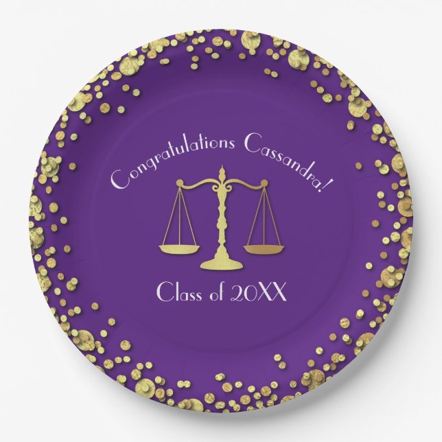 Lawyer Law School Purple Gold Graduation Party Paper Plates (Front)
